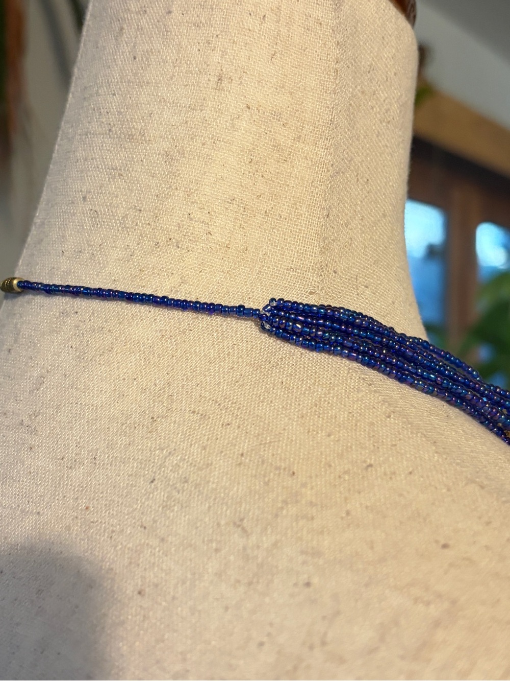 Vintage Cobalt Blue Gold Multi Strand Seed Bead Necklace Boho Statement Woven - Picture 10 of 10